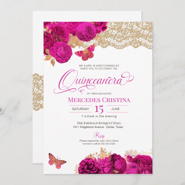 Hot Pink Rose und Lace Butterfly Quinceañera Invi Einladung (Vorne/Hinten)