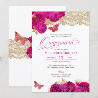 Hot Pink Rose und Lace Butterfly Quinceañera Invi Einladung