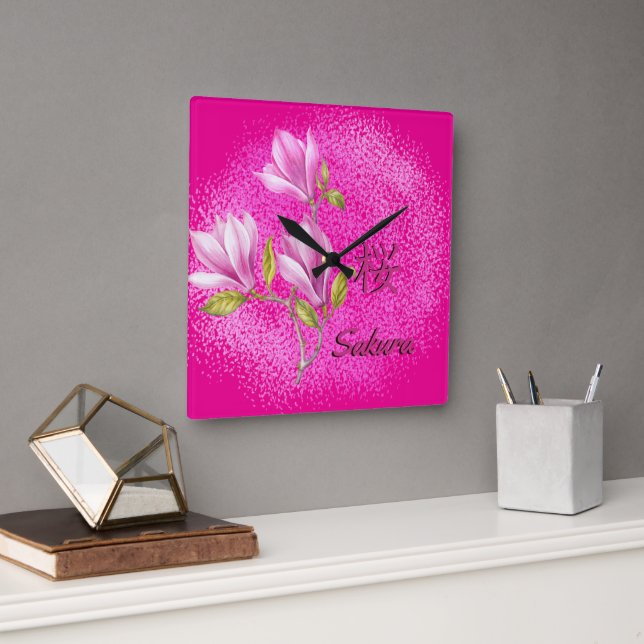 Hot Pink Sakura Wall Clock Quadratische Wanduhr (Büro)