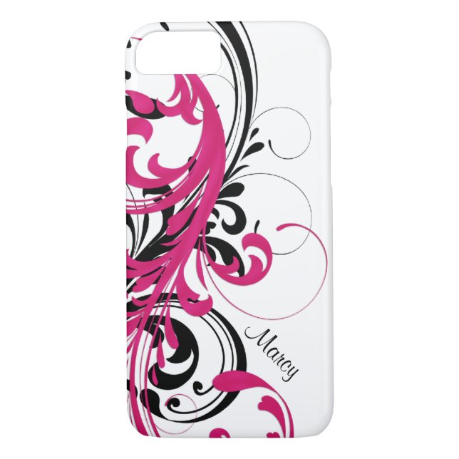Hot Pink Schwarz-weiß Funky Wavy Scroll Floral Case-Mate iPhone Hülle (Rückseite)