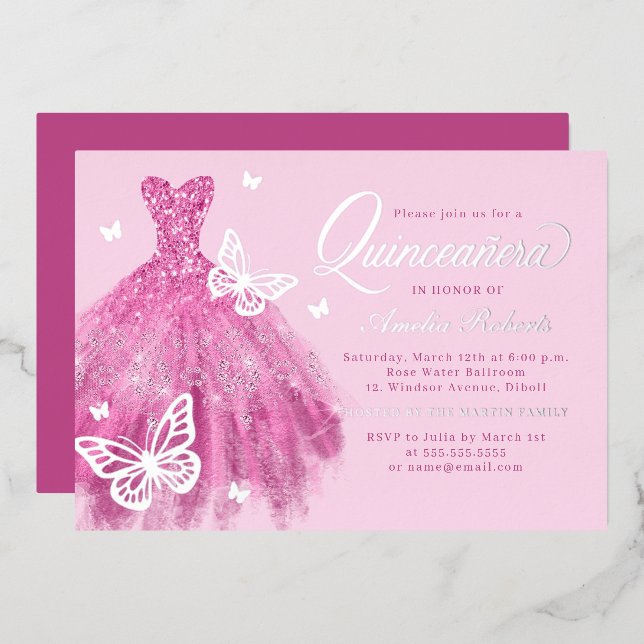 Hot Pink Silver Butterfly Kleid Quinceanera Folieneinladung (Vorderseite/Rückseite)