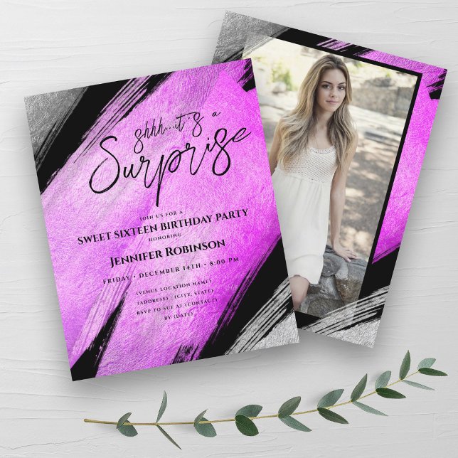 Hot Pink Silver Foil Überraschung Sweet 16 Einladu (Hot Pink Silver Foil Surprise Sweet 16 Invites)