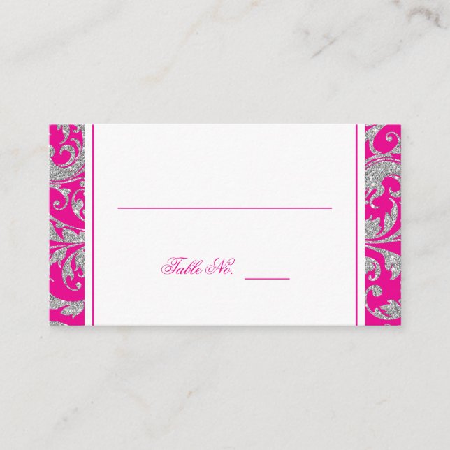 Hot Pink Silver Glitzer Platzkarte wirbeln Damask (Vorderseite)