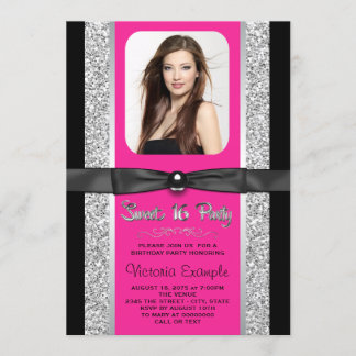 Hot Pink Silver Glitzer Sweet 16 Party Einladung