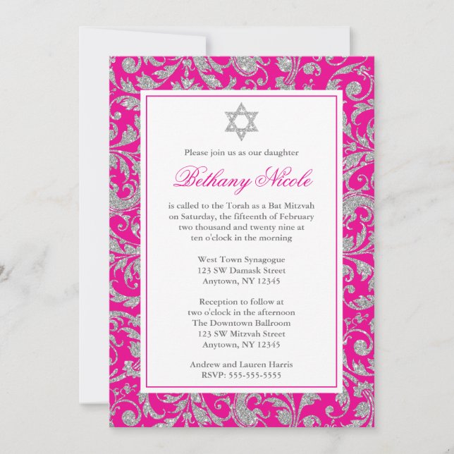 Hot Pink Silver Glitzer Swirl Damask Bat Mitzvah Einladung (Vorderseite)