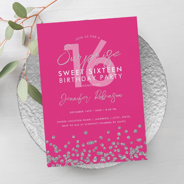 Hot Pink Silver Glitzer Überraschung Sweet 16 Einladung (Hot Pink Silver Glitter Surprise Sweet 16 Invitation)