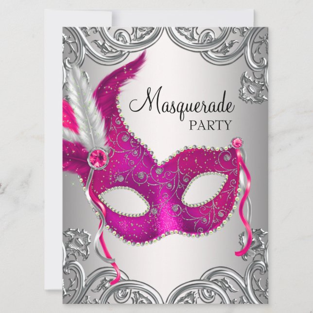 Hot Pink Silver Mask Maskenball Party Einladung (Vorderseite)