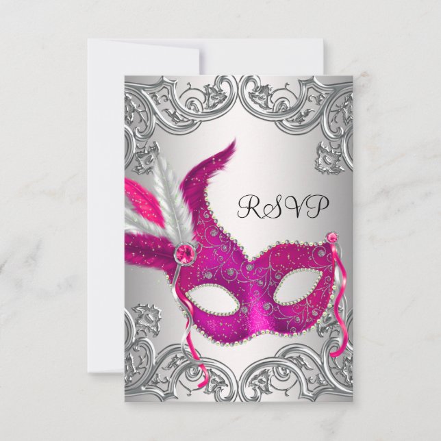 Hot Pink Silver Mask Masquerade Party UAWG RSVP Karte (Vorderseite)