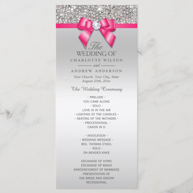 Hot Pink Silver Sequin Diamond Bow Wedding Program Programm (Vorderseite)