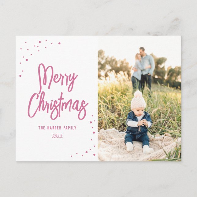 Hot Pink Snow Script Foto Feiertagspostkarte (Vorderseite)