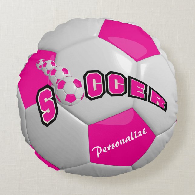 Hot Pink Soccer Ball | Personalisieren Rundes Kissen (Vorderseite)