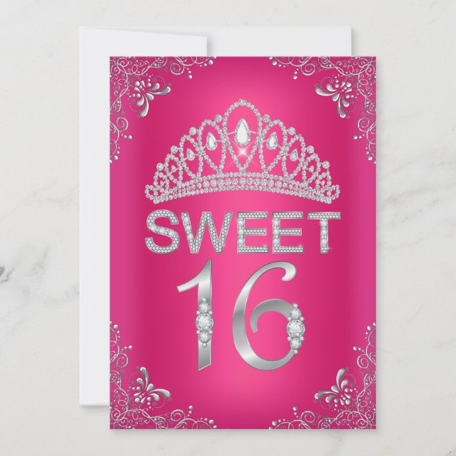 Hot Pink Sparkle Diamond Tiara Sweet 16 Einladung (Vorderseite)