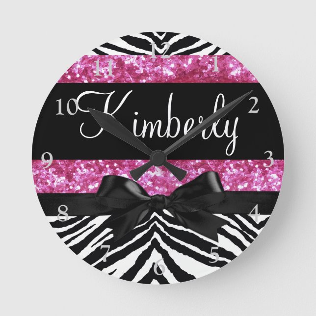 Hot Pink Sparkle Zebra Girly Girl Runde Wanduhr (Vorderseite)