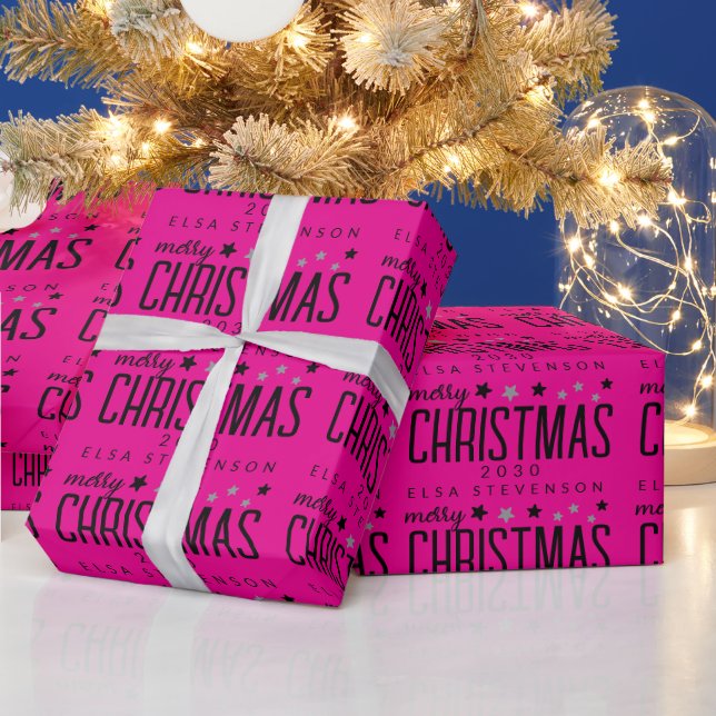 Hot Pink Star Pattern Merry Christmas Text Geschenkpapier (Feiertage)