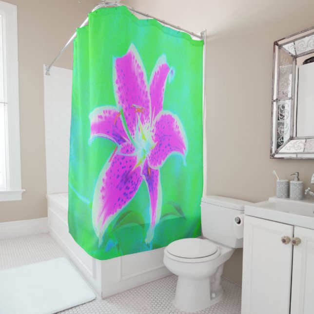 Hot Pink Stargazer Liege auf Türkis und Grün Duschvorhang (Beispiel)