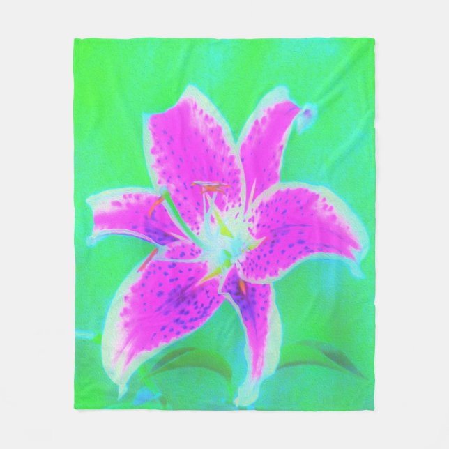 Hot Pink Stargazer Liege auf Türkis und Grün Fleecedecke (Vorderseite)