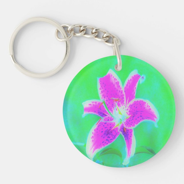 Hot Pink Stargazer Liege auf Türkis und Grün Schlüsselanhänger (Vorderseite)
