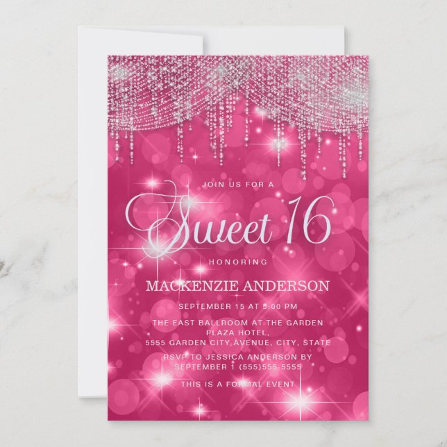Hot Pink String Lights Sparkle Sweet 16 Einladung (Vorderseite)