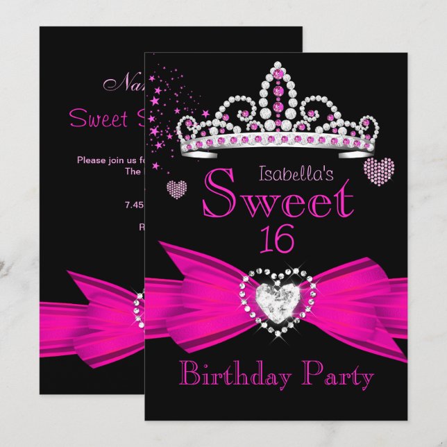 Hot Pink Sweet 16 Birthday Diamond Tiara 2 Einladung (Vorne/Hinten)