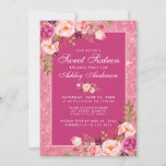 Hot Pink Sweet 16 Birthday Floral Glitzer Einladung<br><div class="desc">Aquarellfarben Rosa Blütenblüte und Rosa Glitzer Hot Pink 16 . Geburtstag Geburtstagsparty Einladungskarte</div>