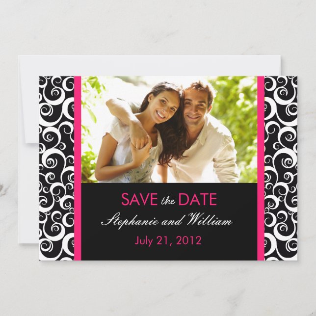 Hot Pink Swirf Foto Save the Date (Vorderseite)