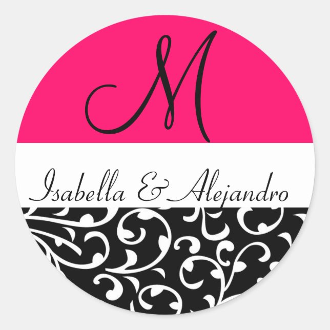 Hot Pink Swirl Damask Monogram Wedding Stickers (Vorderseite)