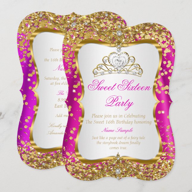 Hot Pink Tiara Princess Sweet 16 Gold White Einlad Einladung (Vorne/Hinten)