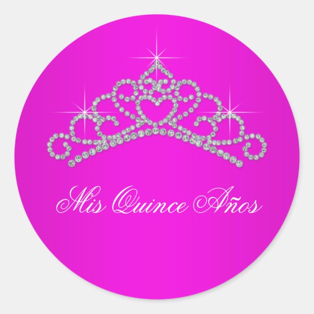 Hot Pink Tiara Sweet 15 Quinceanera Runder Aufkleber (Vorderseite)