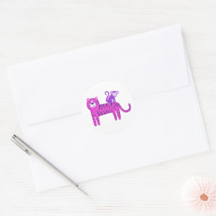Hot Pink Tiger und Lila Affe auf der Rückseite Runder Aufkleber