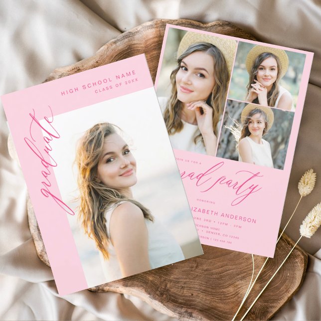 Hot Pink Trendy Foto Graduation Party Einladung (Von Creator hochgeladen)