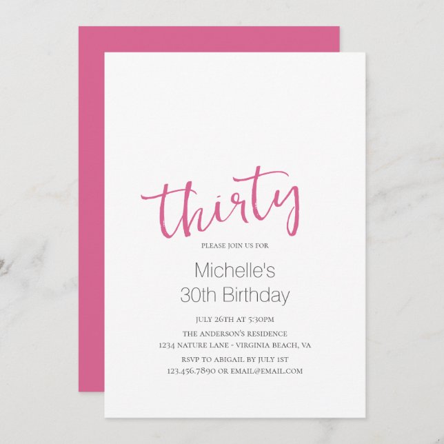 Hot Pink Trendy Moderne Minimalistisch 30. Geburts Einladung (Vorne/Hinten)