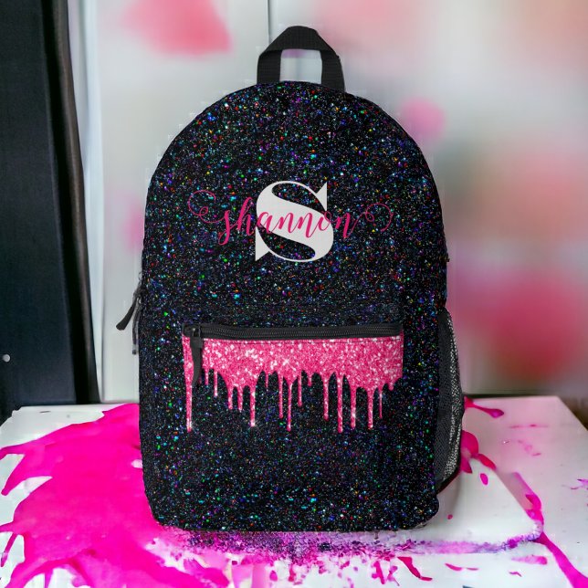 Hot Pink Tropfen Black Glitzer Individuelle Name B Bedruckter Rucksack (Von Creator hochgeladen)