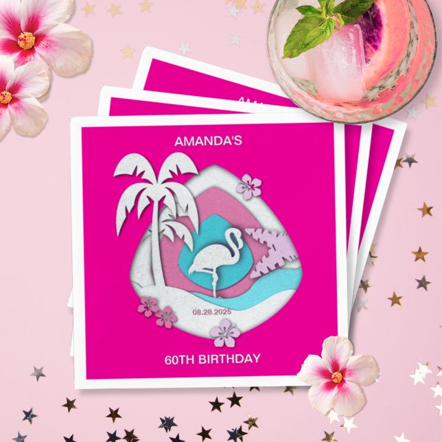 Hot Pink Tropical Flamingo 60th Birthday Party Serviette (Von Creator hochgeladen)