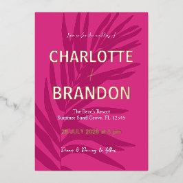 Hot Pink Tropical Palm Leaf Hochzeit Folieneinladung