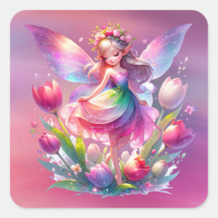 Hot Pink Tulip Fairy Princess Girls Quadratischer Aufkleber