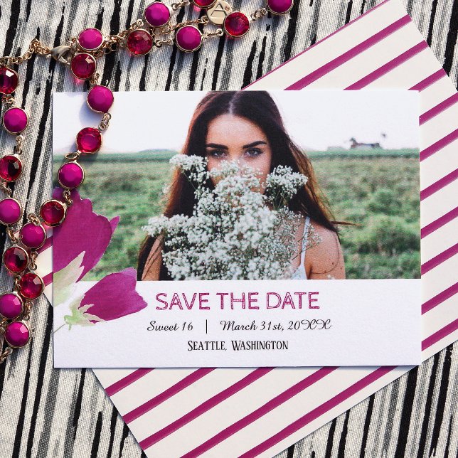 Hot Pink Tulips Sweet 16 Save the Date Card Hinweiskarte (hot pink tulips, pink spring floral sweet 16 save the date postcard)