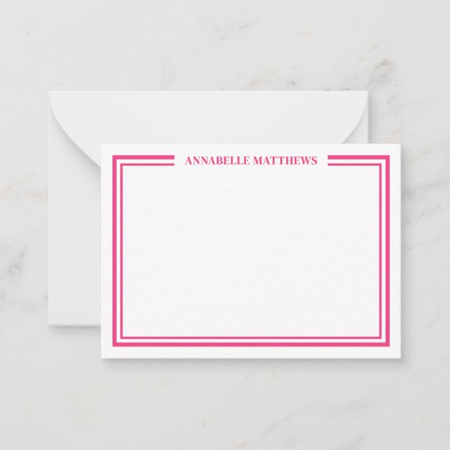 Hot Pink Two Border Minimalist Name Monogram Mitteilungskarte (Vorderseite)