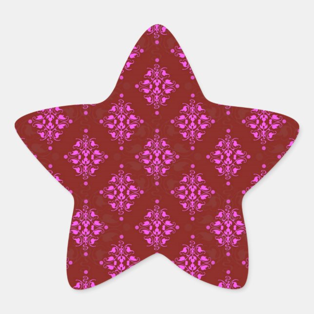 Hot Pink über Red Stylish Damask Muster Stern-Aufkleber (Vorderseite)