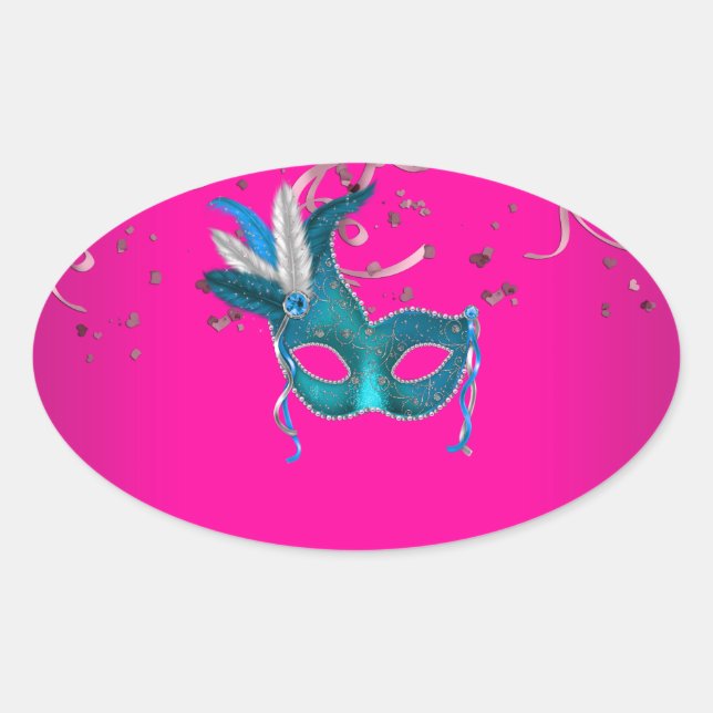 Hot Pink und Aquamarin Blue Masquerade Ovaler Aufkleber (Vorderseite)
