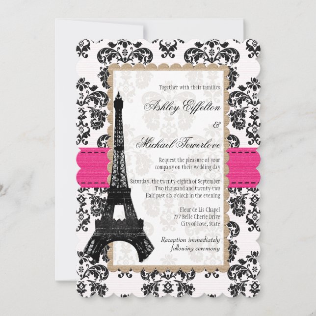 Hot Pink und Black Damask Eiffelturm Hochzeit Einladung (Vorderseite)