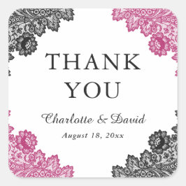 Hot Pink und Black Floral Lace Hochzeit Vielen Dan Quadratischer Aufkleber