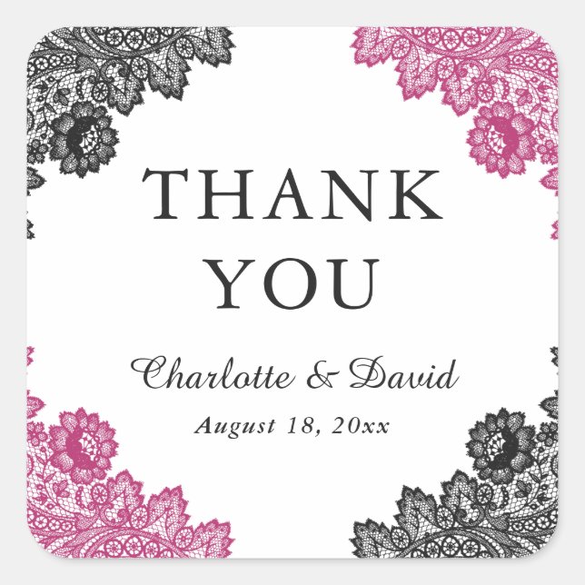 Hot Pink und Black Floral Lace Hochzeit Vielen Dan Quadratischer Aufkleber (Vorderseite)