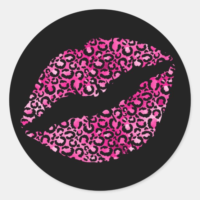 Hot Pink und Black Leopard Spots Lipstick Runder Aufkleber (Vorderseite)
