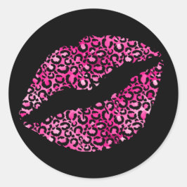 Hot Pink und Black Leopard Spots Lipstick Runder Aufkleber