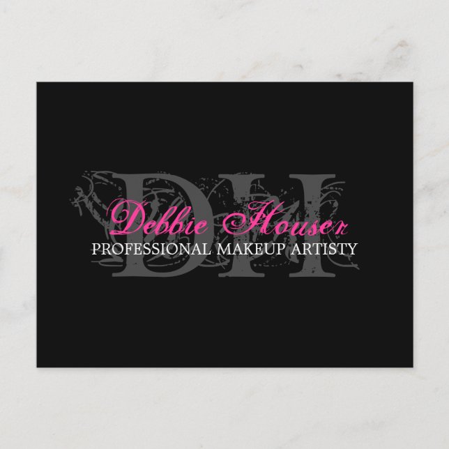 Hot Pink und Black Monogram Makeup Comp Card Postkarte (Vorderseite)