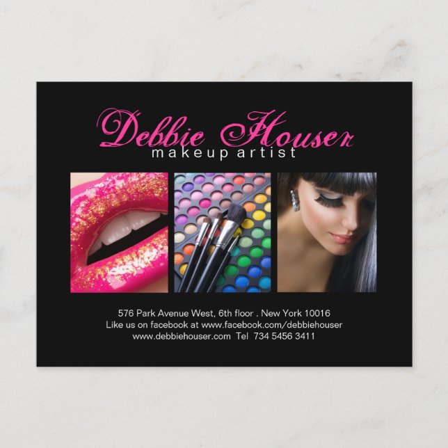 Hot Pink und Black Monogram Makeup Comp Card Postkarte (Vorderseite)