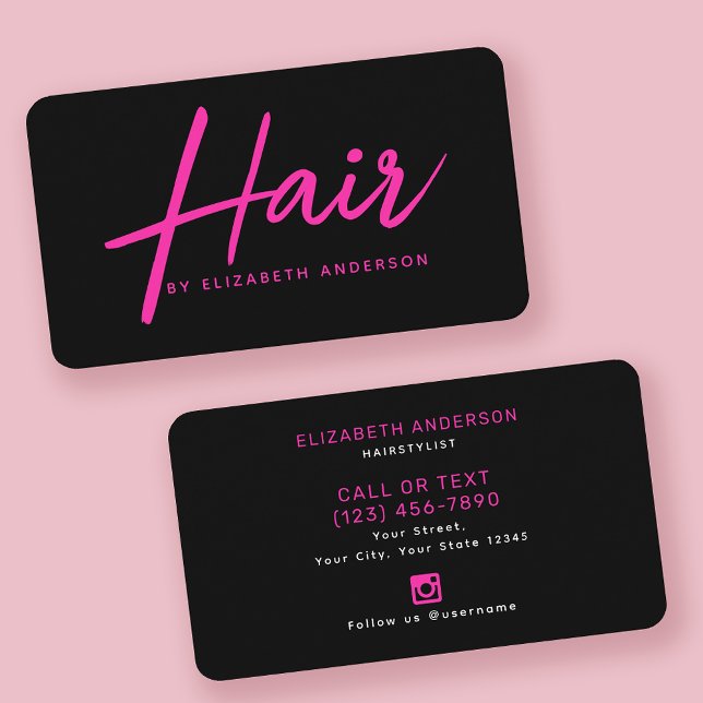 Hot Pink und Black Retro Script Haarstylist Visitenkarte (Von Creator hochgeladen)