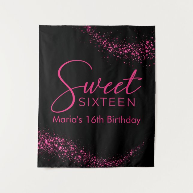 Hot Pink und Black Sweet 16 Hintergrund Wandteppich (Vorderseite)