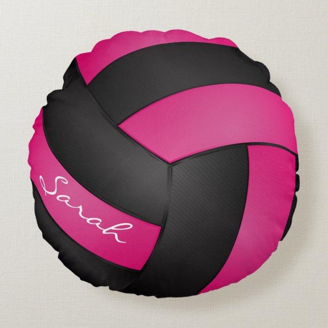 Hot Pink und Black Volleyball | DIY Name | Sport Rundes Kissen (Vorderseite)