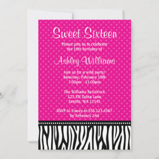 Hot Pink und Black Zebra Polka Dot Sweet 16 Einladung